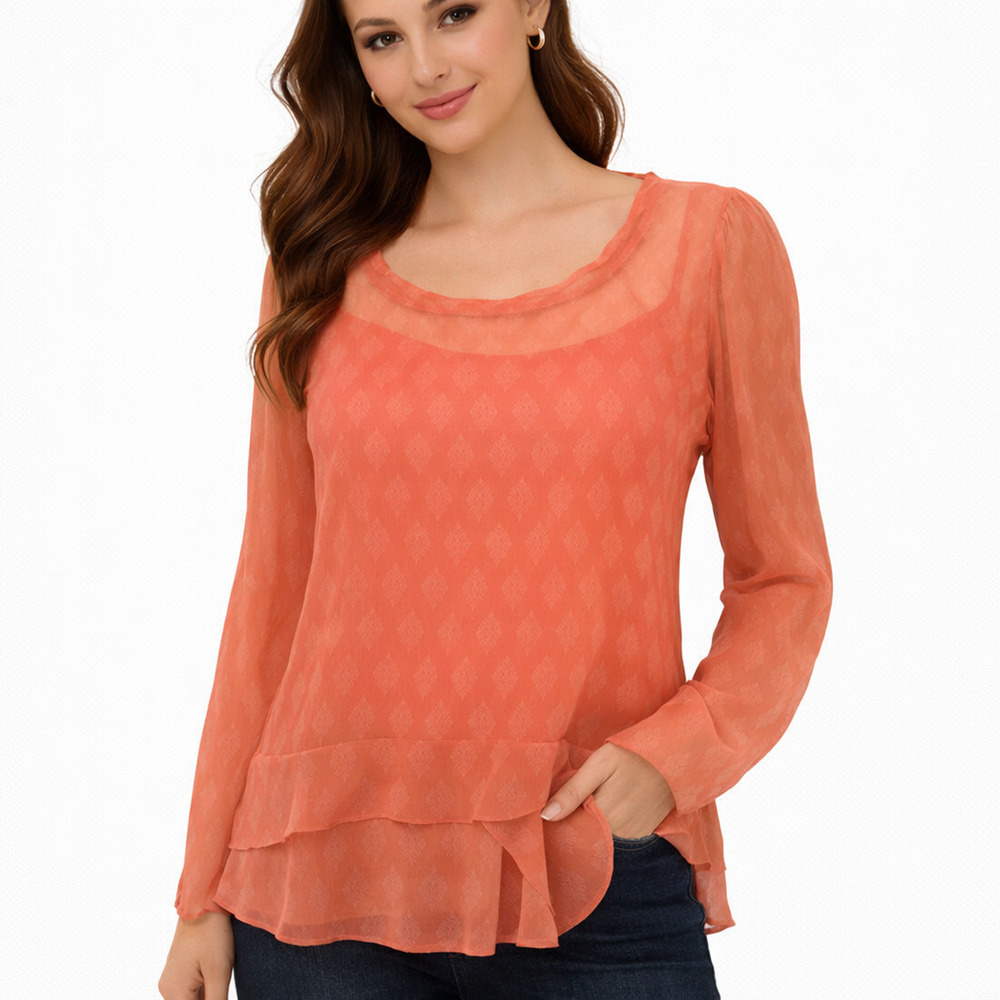 Sundance Silk Blouse Medium Coral Medallion Print Sheer Ruffle Sleeve Boho Top
